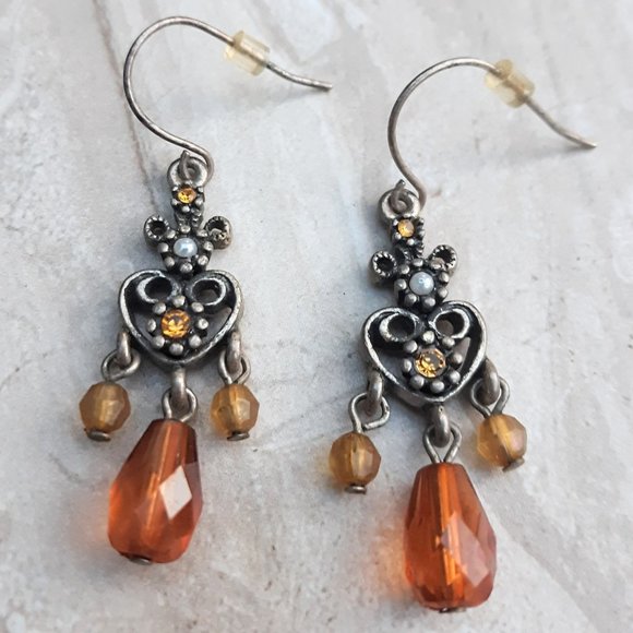 Jewelry - Boho Amber Heart Dangle Earrings
